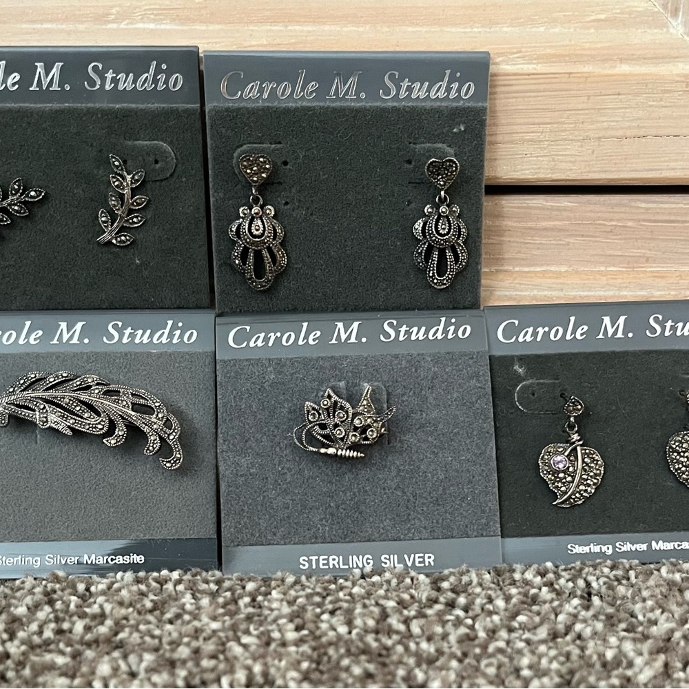 Vintage Never Worn 3 pairs :Marcasite sterling silver earrings & 2 pins